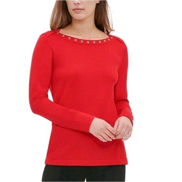 Calvin Klein Women's Long Sleeve Grommet Trim Neck Sweater Red Size Large - Picture 3 of 6